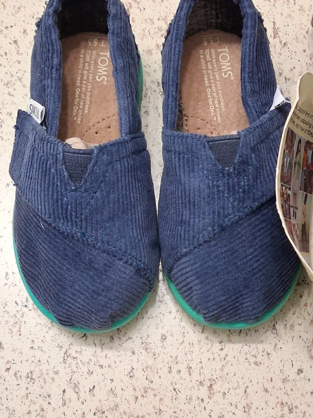 Toms Kids Navy Corduroy Slip-Ons with Green Soles